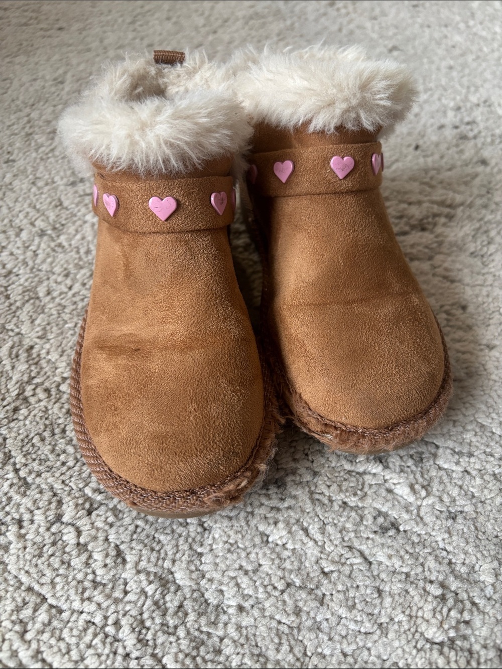 Skechers Tan Faux-Suede Booties with Pink Heart Trim Kids Size US 9